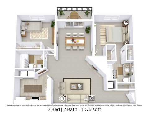 This is a 3D-floor plan providing a detailed, angled view of the space with room layouts, furniture placement, and spatial flow. Features 2 bedrooms, 2 bathrooms, and approximately 1075  square feet.